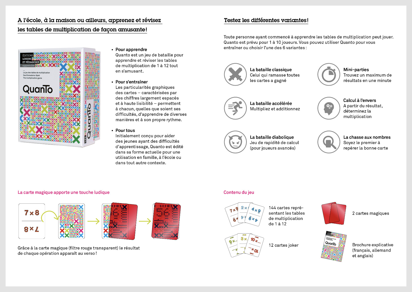 Flyer de présentation du jeu d'apprentissage des tables de multiplication «Quanto»